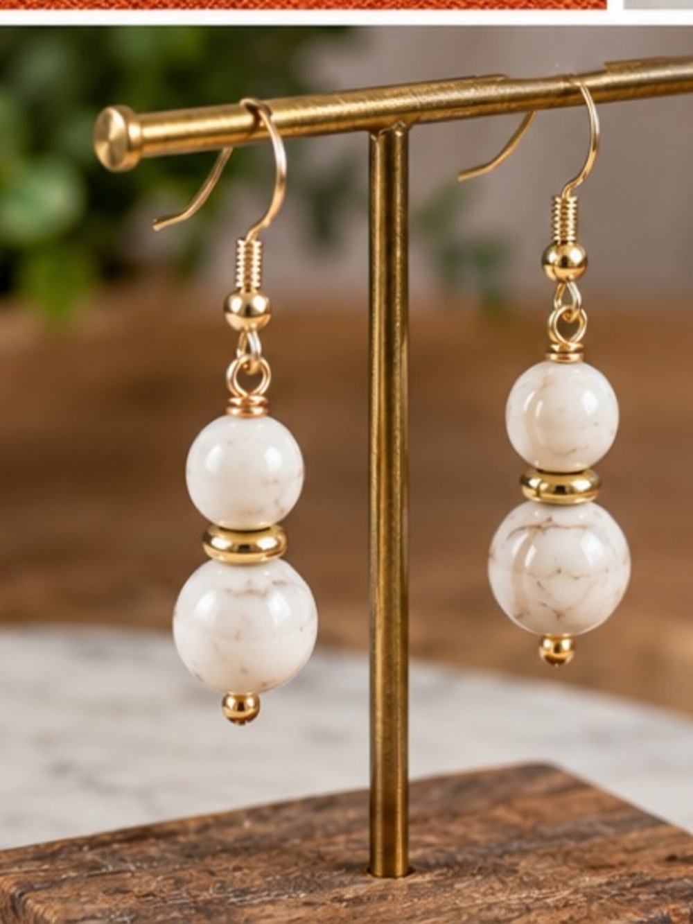 dylan Gold and White Marble-Effect Bead Drop Earrings - Picture 3 of 6